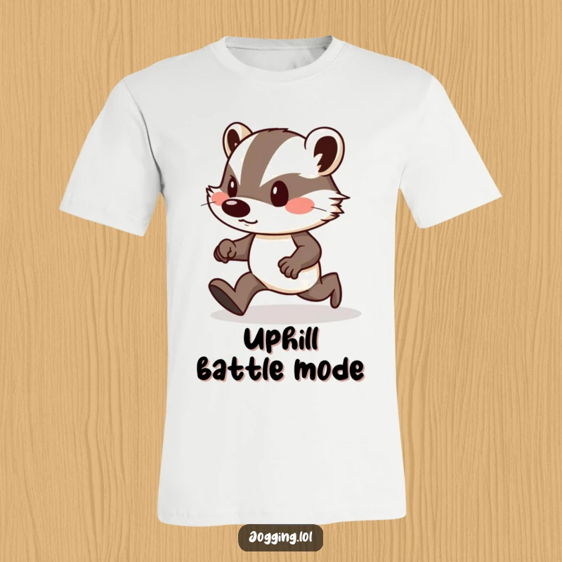 Funny t-shirt depicting a determined badger with puffed cheeks, vigorously jogging uphill with sheer willpower.