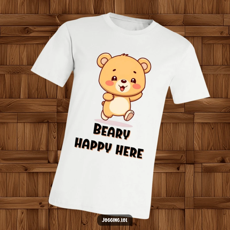 Funny bear cub t-shirt featuring a gleeful character bouncing with enthusiasm with every stride, conveying pure joy, a great gift.