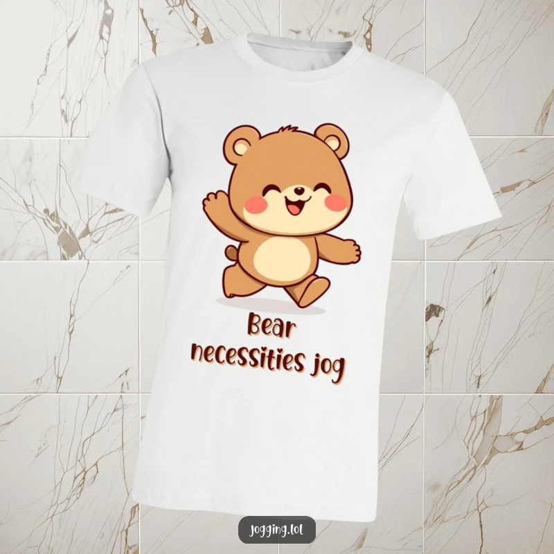 Funny t-shirt depicting a curious bear jogger looking forward with joy, ready for adventure and exploration.