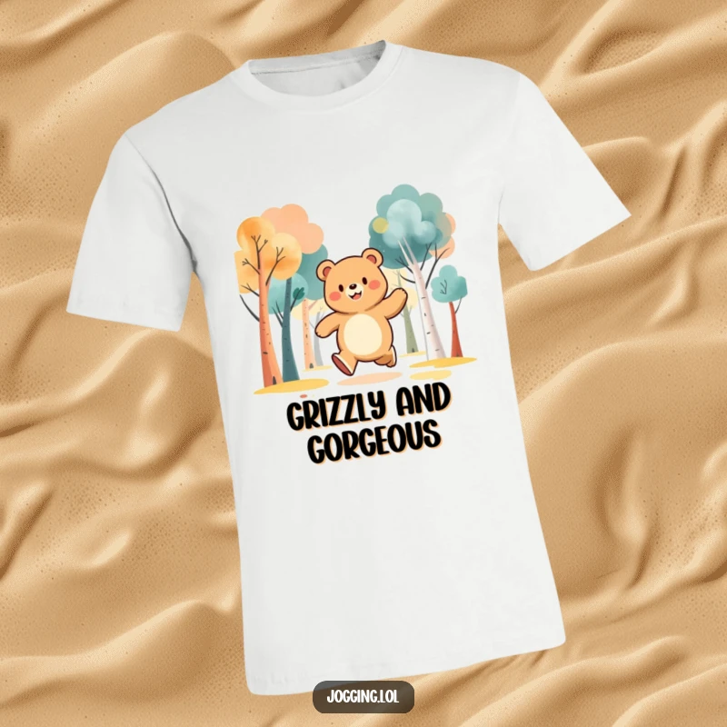 Funny t-shirt with a jubilant bear character joyfully jogging through stylized abstract trees, celebrating outdoor freedom.