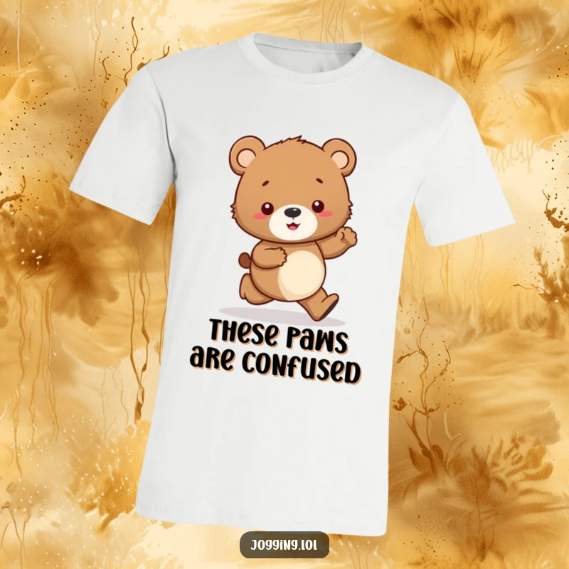 Funny t-shirt showcasing a curious bear cub character jogging with uncertainty, looking at its paws in a relatable, humorous way.