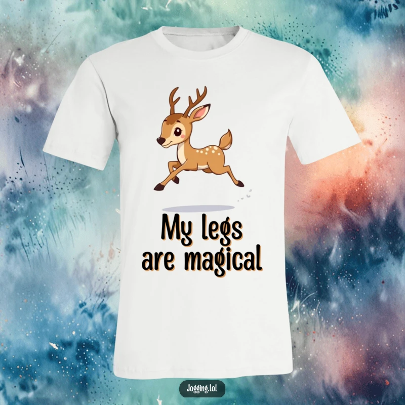 Funny deer jogger mid-leap, with graceful style, on a t-shirt, showcasing athletic ambition and a touch of woodland charm for humor.