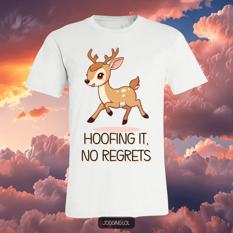 Funny t-shirt showcasing a smiling deer in mid-bound, exuding determination and lightheartedness, ideal for active and joyful individuals.