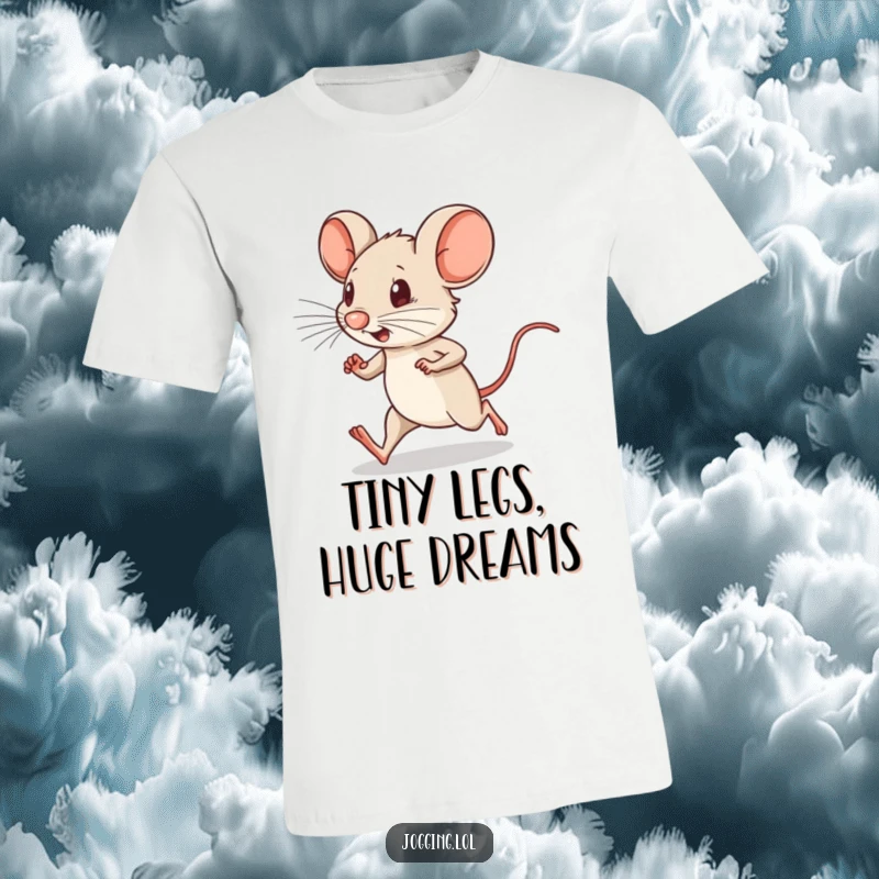 Funny t-shirt featuring a determined little mouse character running vigorously, its tiny legs pumping with great effort.