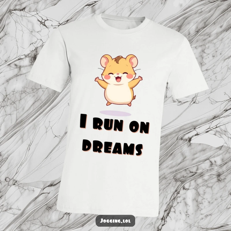 Funny t-shirt showcasing a joyful hamster character running with gusto on an unseen wheel, radiating pure delight.