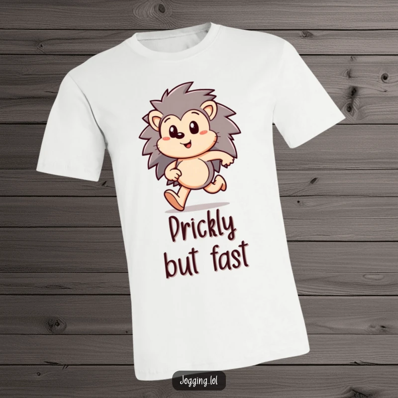 Funny hedgehog t-shirt showing a happy character running with intense focus and determination, representing a strong will, a great funny gift.