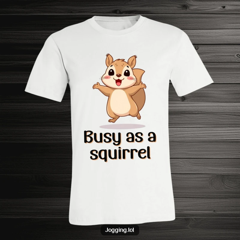 Funny squirrel t-shirt with a cheerful squirrel bouncing rapidly, legs a blur, creating a humorous and dynamic visual.