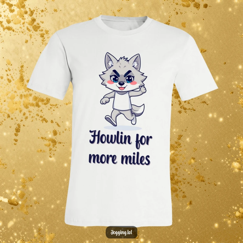 Funny wolf jogger with a confident smile, captured on a t-shirt, embodying athletic prowess and humorous pride for the wearer.