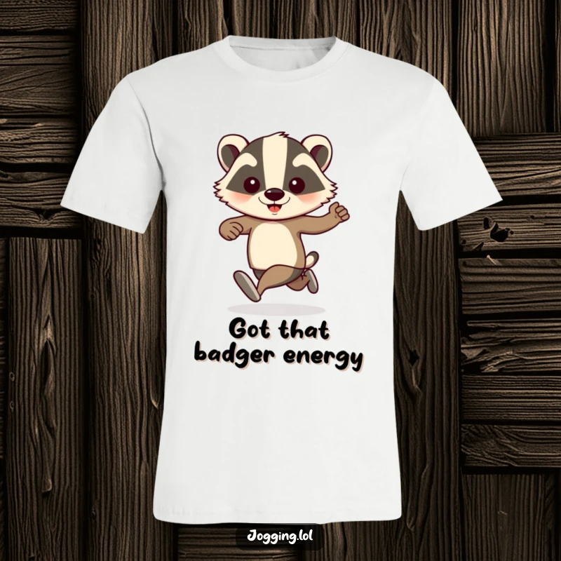 Funny badger jogger with arms actively pumping, captured on a t-shirt, showcasing playful energy and a humorous approach to running.