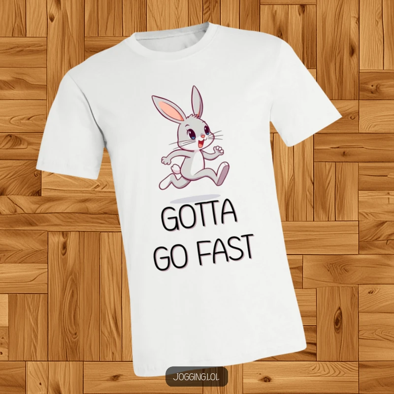 Funny bunny t-shirt featuring a determined character sprinting with powerful leg movement, symbolizing speed and motivation, a great funny gift.