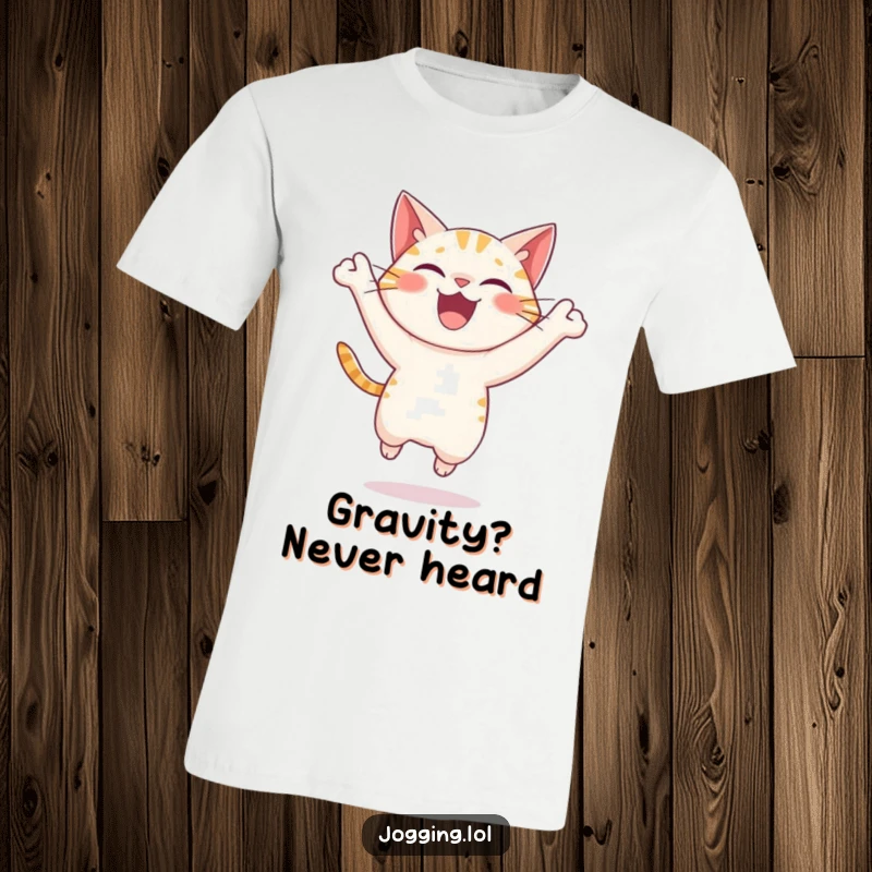 Funny cat t-shirt featuring a delighted character leaping forward with infectious joy and boundless energy, a great gift.