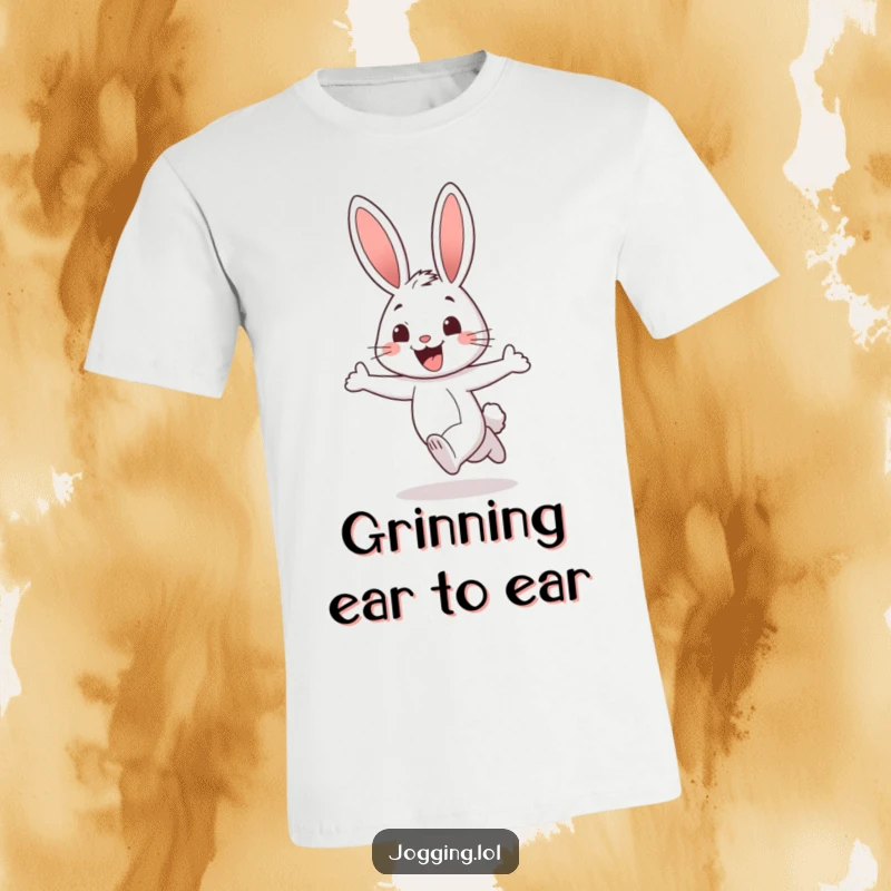 Funny rabbit t-shirt featuring a cheerful character jogging with a wide, excited grin, full of positive energy, a great gift.