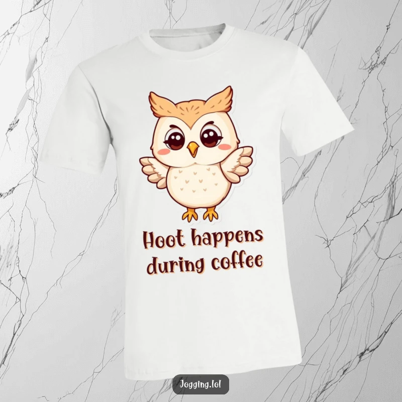 Funny owl t-shirt featuring a happy protagonist gently flapping its wings as it moves, ideal for casual wear with a touch of humor.