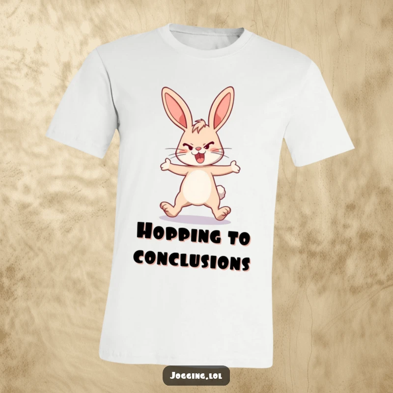 Funny energetic bunny t-shirt, determined rabbit, legs extended, mid-stride, athletic hare, funny apparel, great funny gift