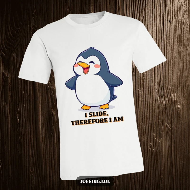 Funny penguin t-shirt with a delighted character joyfully sliding forward with a big, infectious grin, perfect for casual wear.