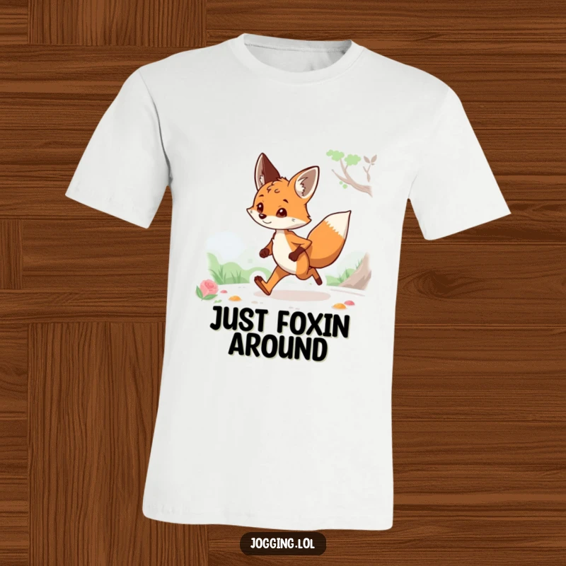 Funny T-shirt showcasing a curious fox character jogging outdoors, looking around with a whimsical expression, a great funny gift idea.