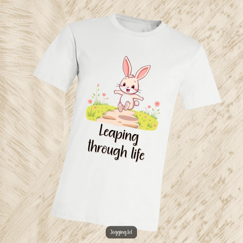 Funny T-Shirt showcasing a happy cartoon rabbit character joyfully bounding with energetic leaps on a cheerful outdoor path.