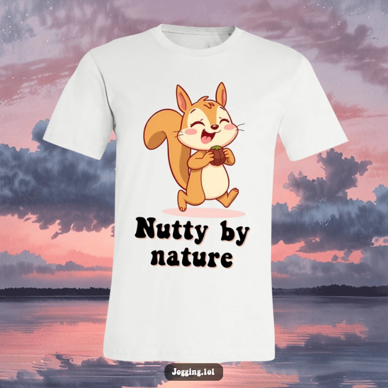 Funny T-shirt featuring a joyful squirrel character jogging with bulging cheeks full of nuts, ideal for active, humorous people.
