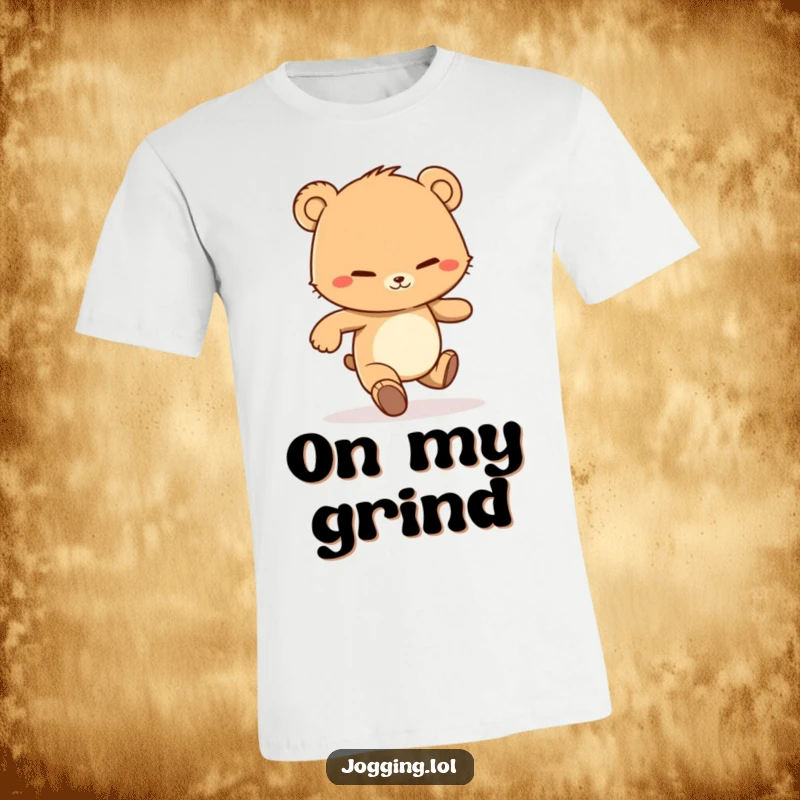 Funny t-shirt of a determined bear cub character jogging with a big grin, symbolizing perseverance and a joyful approach to exercise.