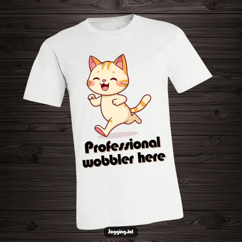Funny T-shirt featuring a happy cat character jogging with a comical, playful wobble, ideal for cat lovers with a sense of humor.