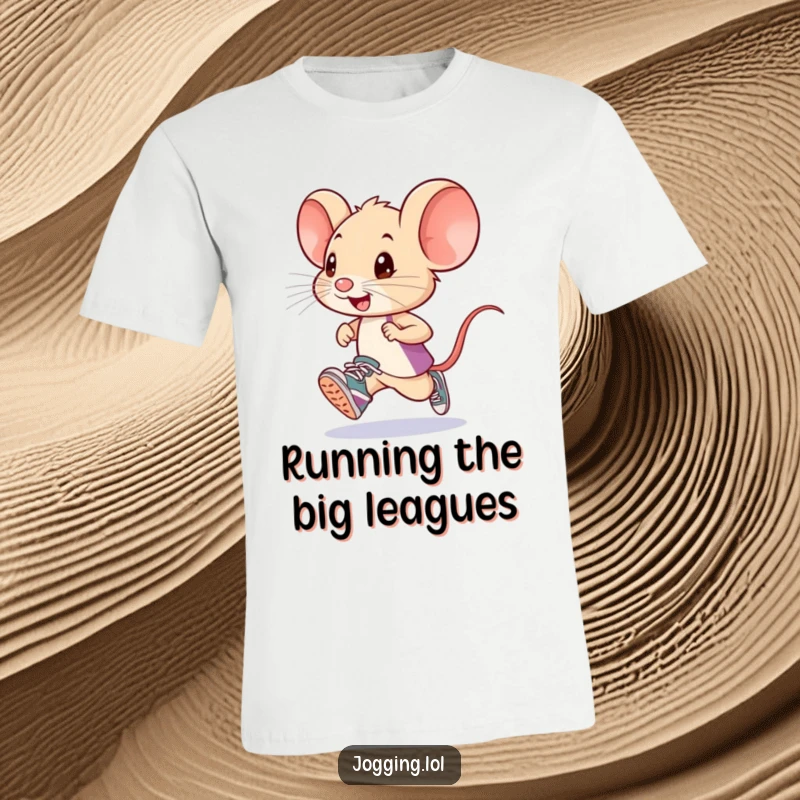 Funny little mouse runner in tiny sneakers, depicted on a t-shirt, embodying small stature and big athletic ambition with humorous charm.