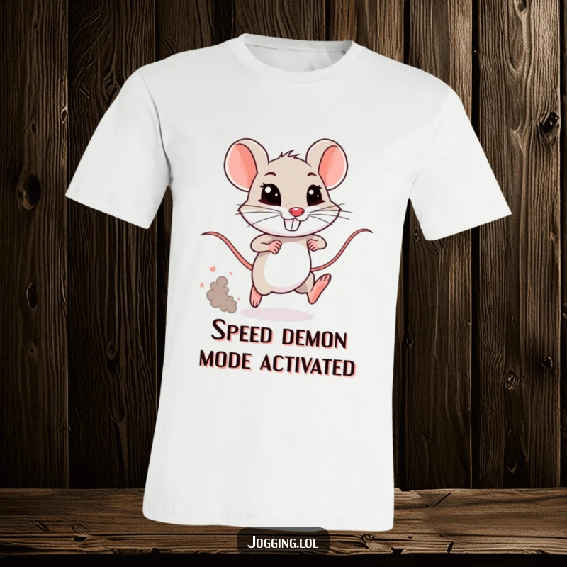 Funny mouse t-shirt showing a tiny rodent sprinting with a determined grin and a dust cloud. Perfect for active and humorous individuals.