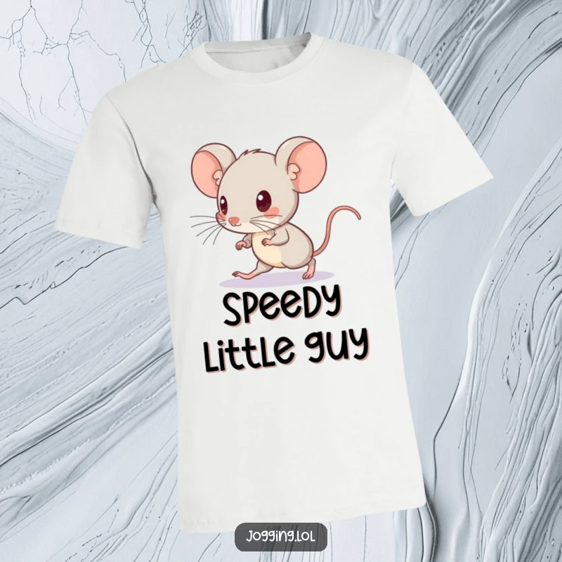 Funny t-shirt showing a curious mouse increasing its pace, looking intently ahead with a sense of adventure.
