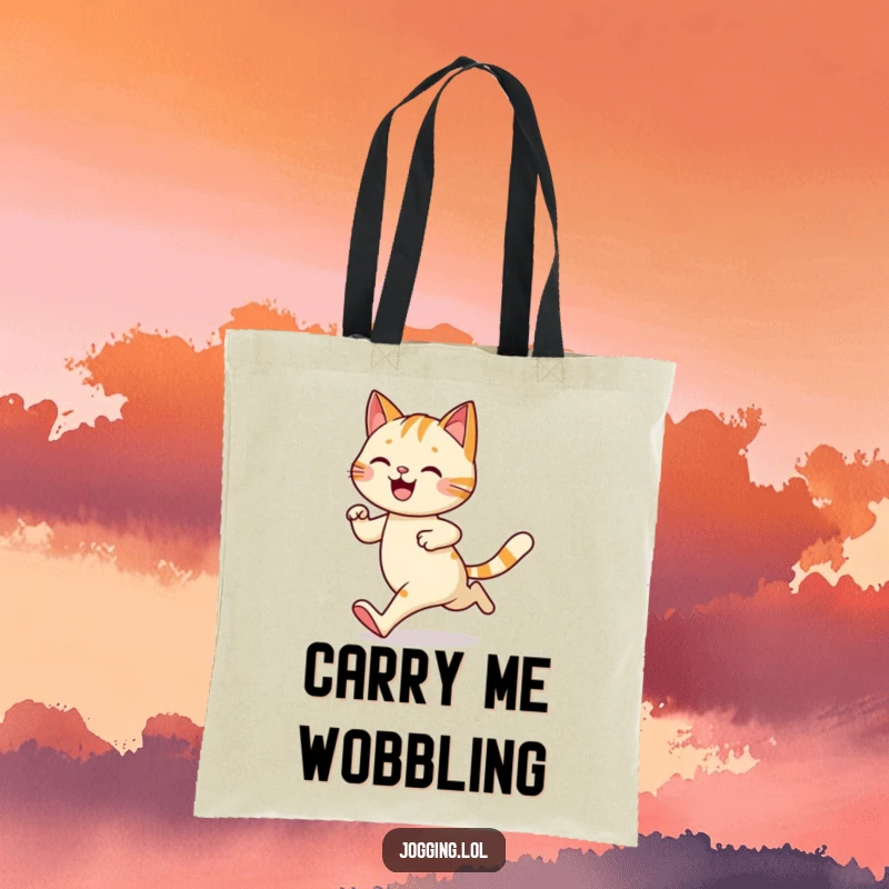 Funny tote bag with a happy cat character jogging with a playful wobble, practical for carrying items with humorous feline charm.