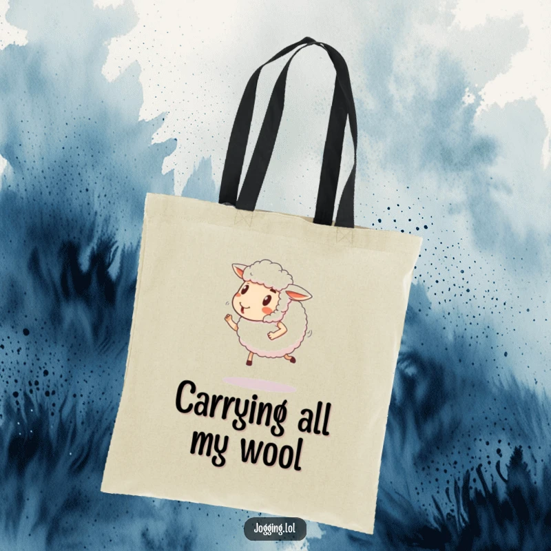 Funny sheep tote bag with a fluffy sheep comically jogging with a happy expression. A humorous and practical accessory.