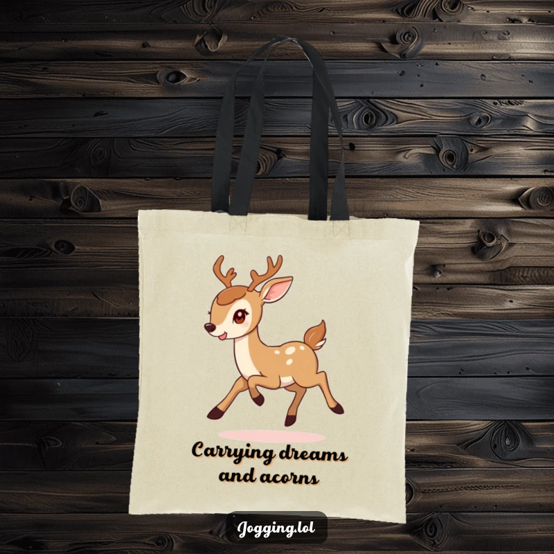Funny tote bag illustrating a smiling deer bounding with cheerful determination, ideal for carrying essentials with a humorous, nature-inspired flair.