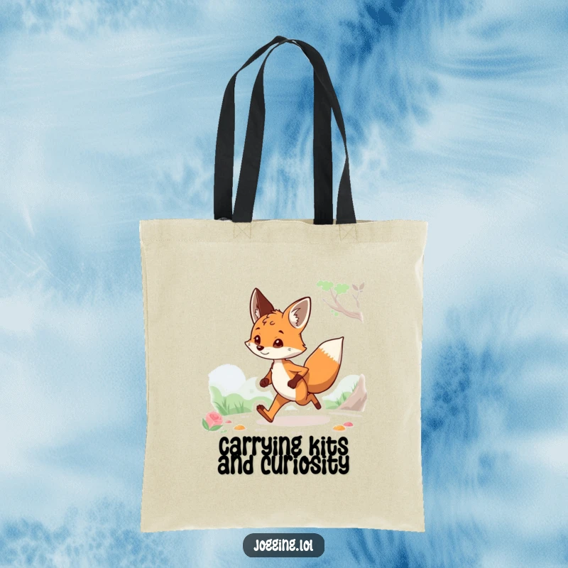 Funny tote bag with a curious fox character jogging through scenery, designed for practicality and humor, a charming funny gift.