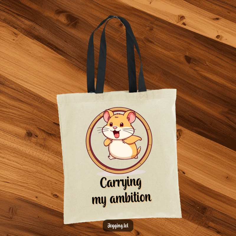 Funny tote bag featuring a determined hamster character running vigorously on a wheel graphic, perfect for daily tasks and motivation.