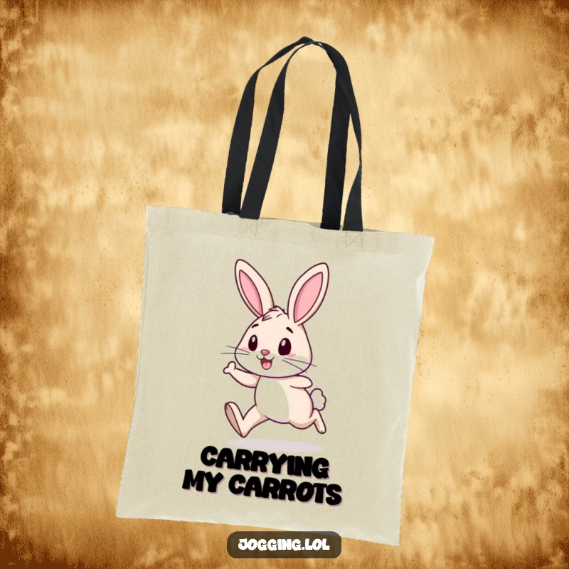Funny tote bag featuring a cheerful rabbit with determined legs, enthusiastically jogging forward, perfect for errands.