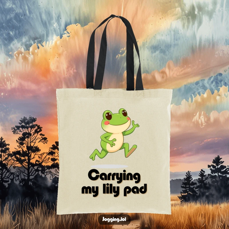 Funny tote bag showing a happy frog character leaping forward with each jogging stride, ideal for carrying humor.