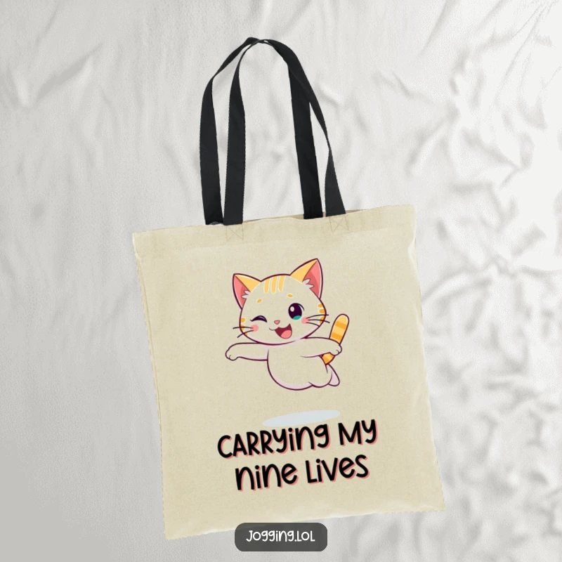Funny cat tote bag with a cheerful character running in a graceful, flowing motion, great for shopping and carrying daily essentials.