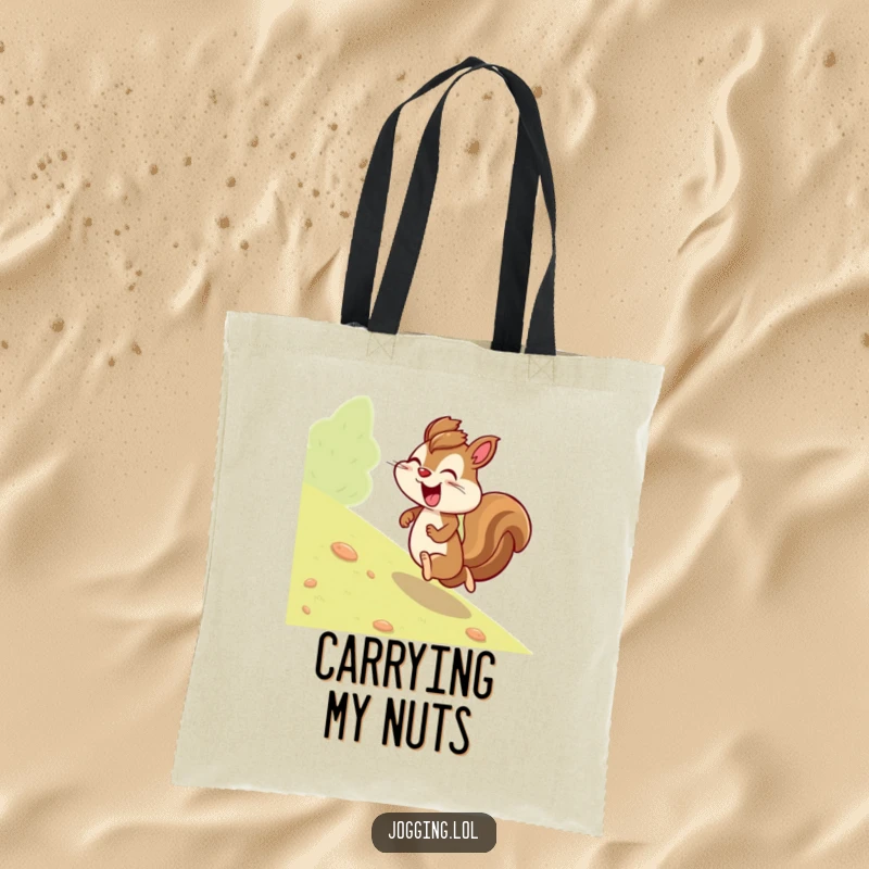 Funny squirrel tote bag showing a giggling character jogging uphill with purpose, a humorous and functional accessory for daily use.