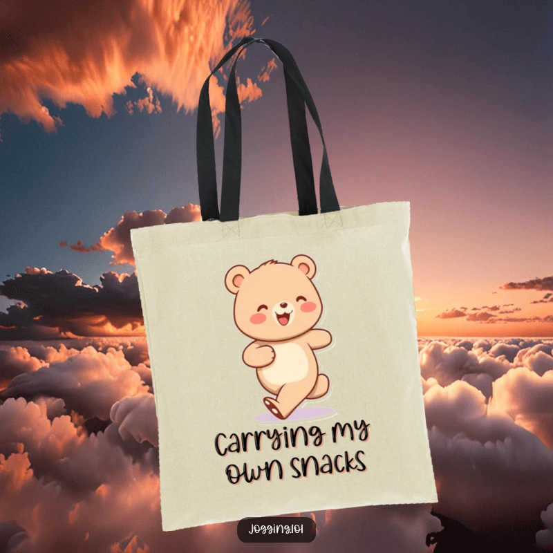 Funny tote bag featuring a cheerful bear character jogging energetically with cute, bobbing steps, ideal for humor lovers.