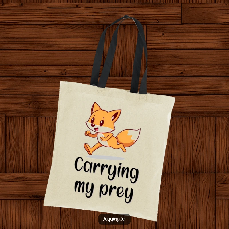 Funny tote bag showcasing a happy fox runner on the move, with a determined look, perfect for carrying essentials.