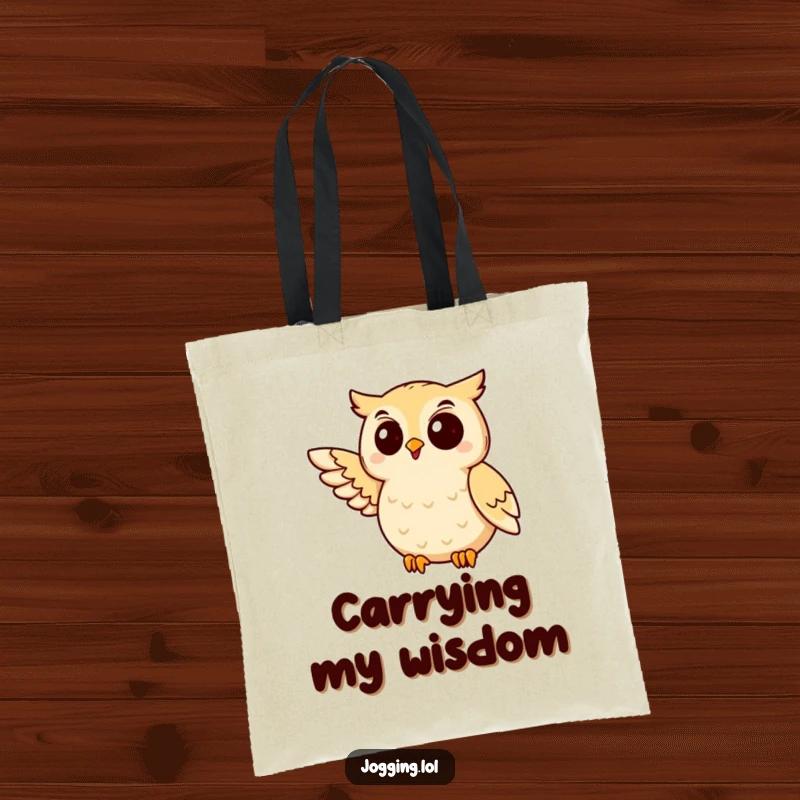 Funny owl tote bag with a delighted bird mid-jog and wing extended, ideal for carrying essentials humorously.