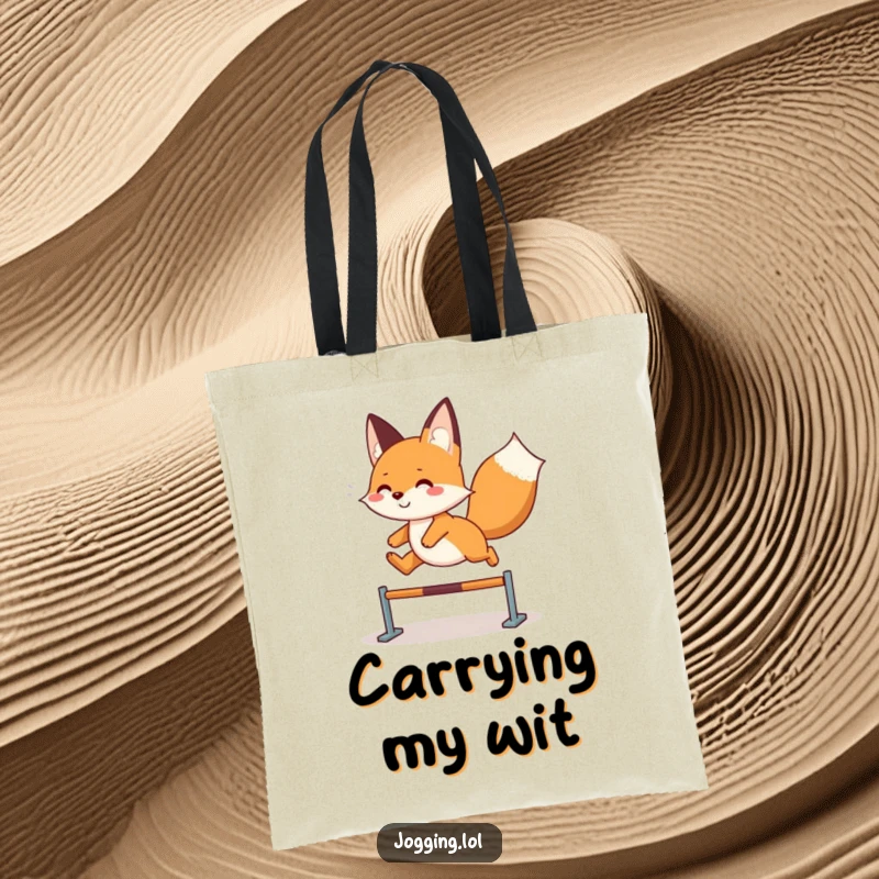Funny fox tote bag with a playful character gleefully leaping, ready to carry essentials with whimsical energy, a practical funny gift.