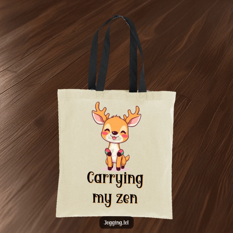 Funny tote bag showing a happy deer with tiny sweatbands, looking invigorated and ready for any fitness activity.