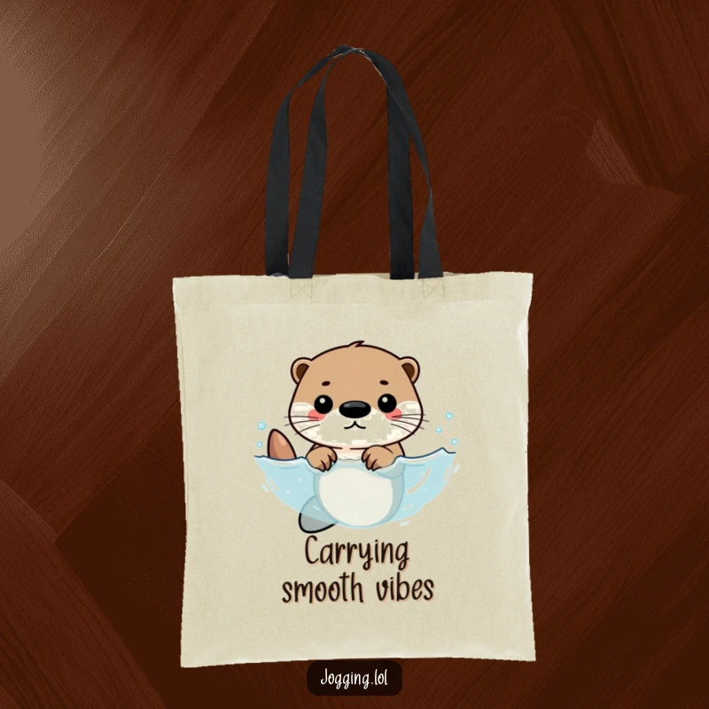 Funny tote bag showcasing a determined otter character swimming with rhythmic strokes, perfect for carrying gear with an aquatic theme.