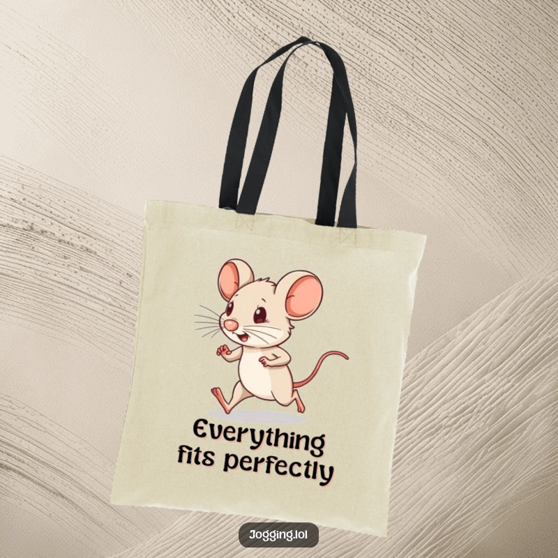 Funny tote bag featuring a determined little mouse character running with tiny legs pumping, perfect for carrying humor.