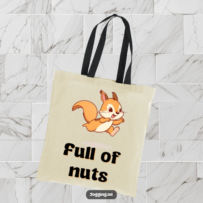 Funny tote bag featuring a playful squirrel sprinter leaping forward, embodying speed, fun, and practicality.