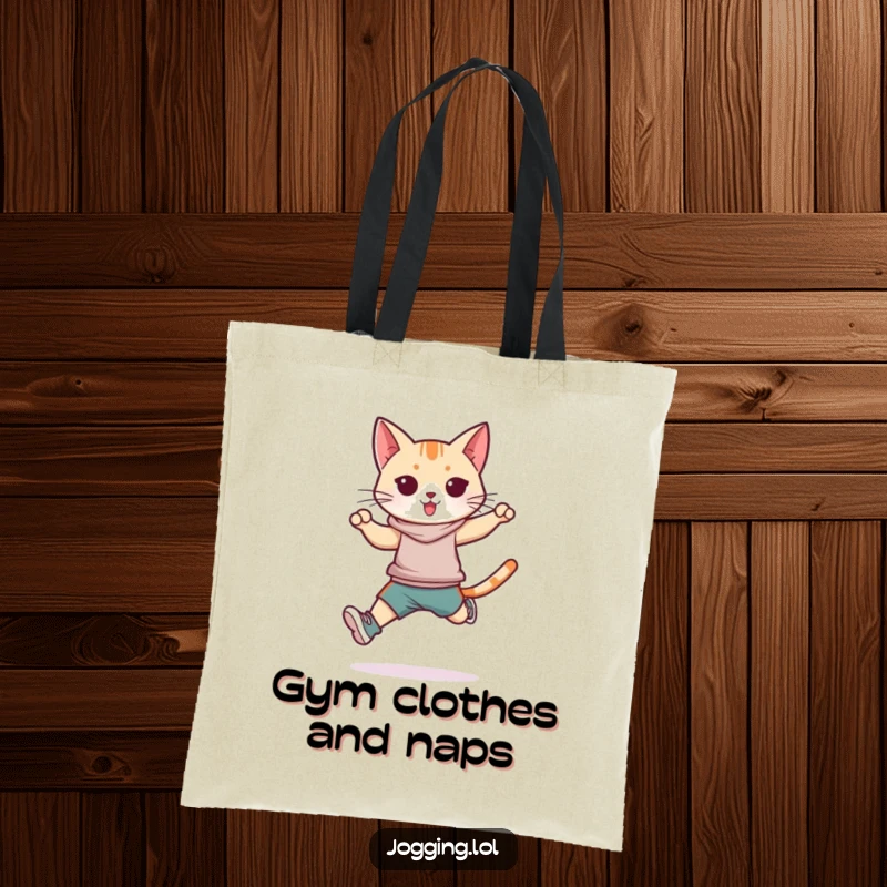 Funny athletic cat tote bag, sleek feline sportswear, jumping stride, dynamic movement, stylish tote, perfect funny gift