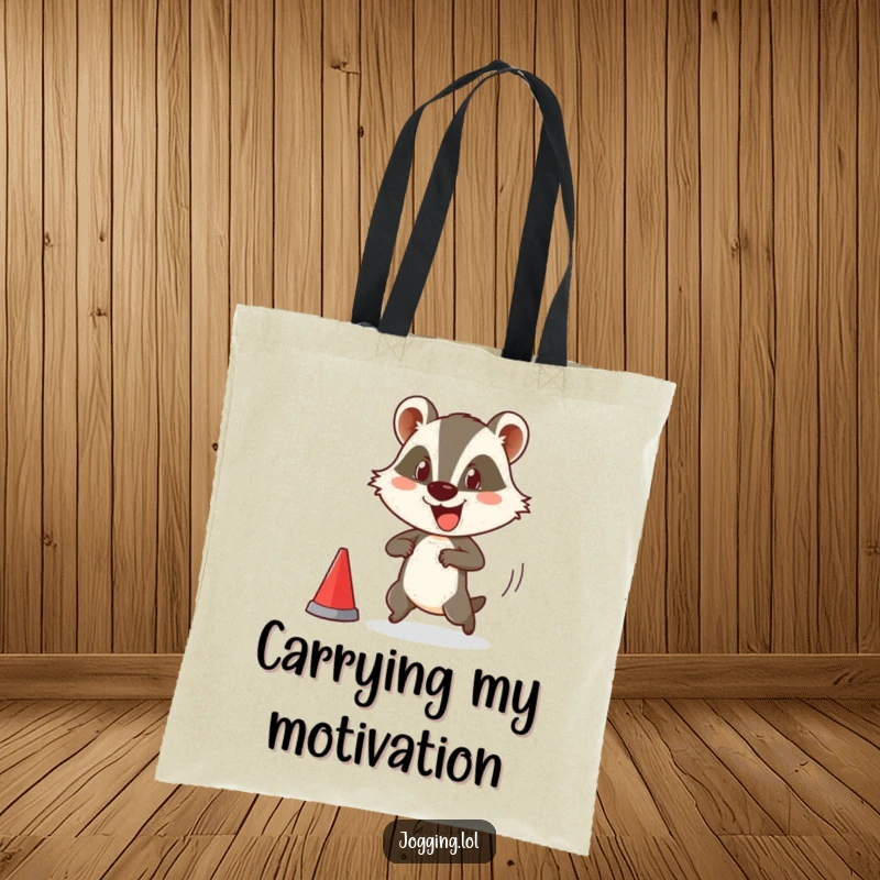 Funny tote bag illustrating a happy badger character comically starting a race, perfect for carrying groceries or daily essentials with a humorous flair.