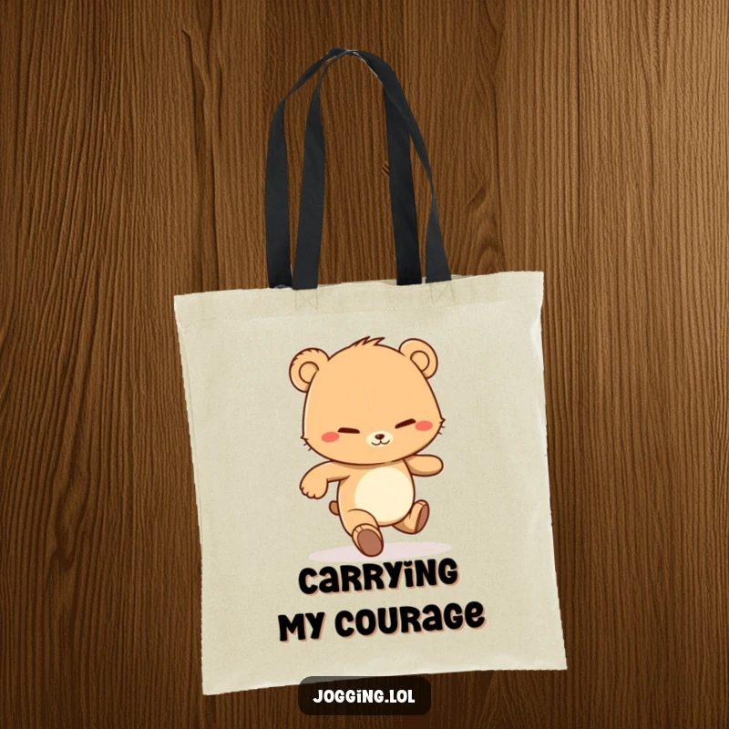 Funny tote bag featuring a determined bear cub character jogging with a grin, perfect for carrying workout gear or daily items.