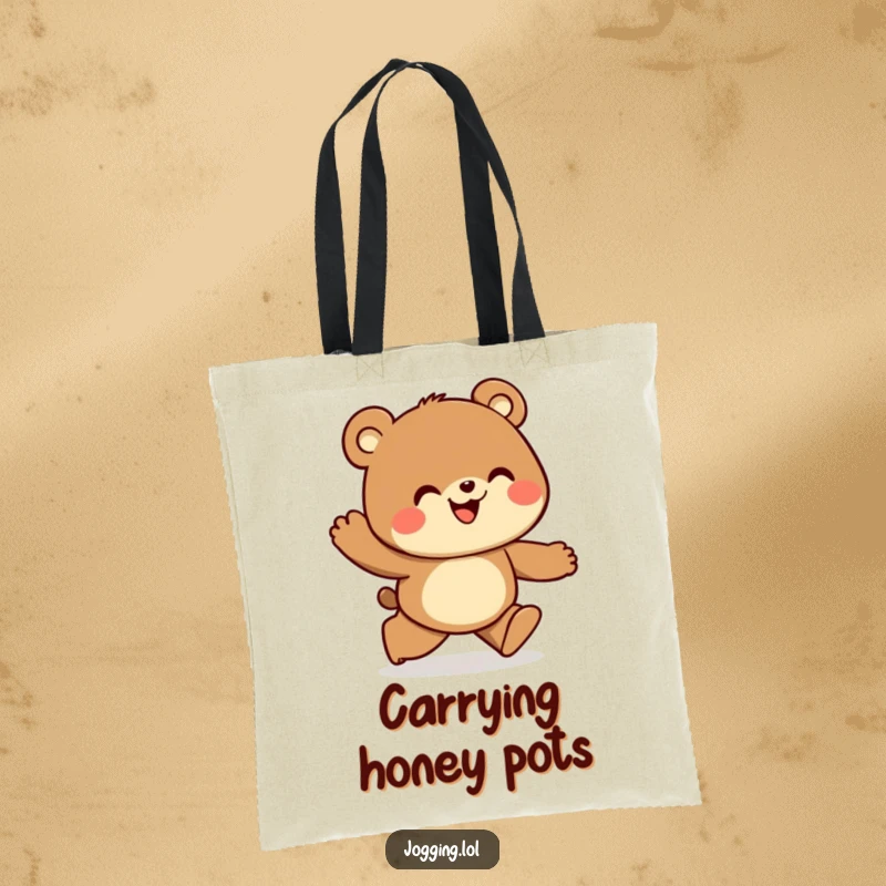 Funny tote bag showing a curious bear jogger looking ahead with joy, embodying adventure and practicality.
