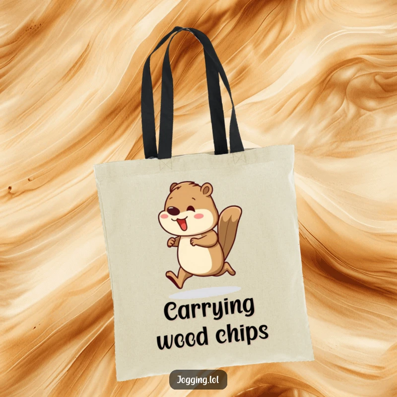 Funny tote bag showing a busy beaver runner with rhythmic leg movements, embodying efficiency and a can-do attitude.
