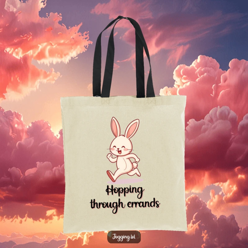 Funny tote bag featuring a joyful bunny character mid-hop during a jog, symbolizing happiness and playful movement.